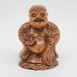 Hand Carved Wooden Smiling Buddha Holding a Pot of Money VTG 4" Tall